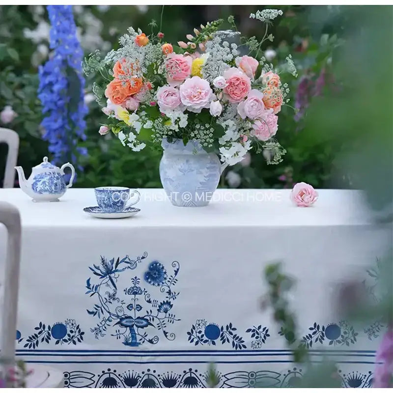 DecorBites™ Blue Onion Print Tablecloth Overlay: Luxe French Pastoral Banquet Dining Decoration