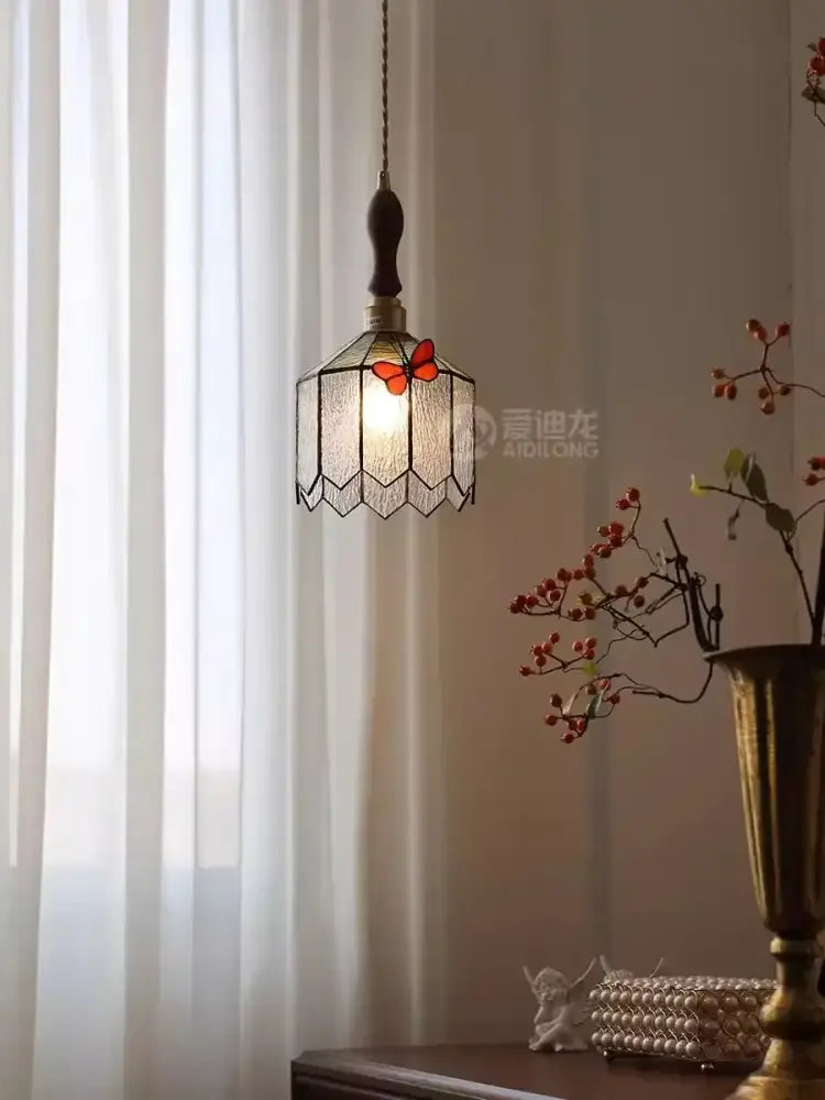 French retro stained glass decorbites butterfly chandelier bedroom light