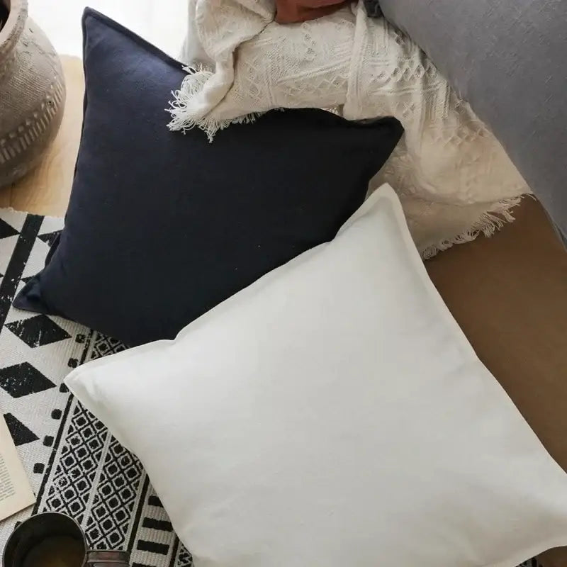 DecorBites™ Linen Pillow Cover 45x45cm with Fringe in Ivory/Dark Grey/Coffee for Home Decor