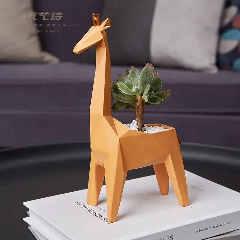 Geometric gray & orange giraffe 3d papercraft planter living room decor