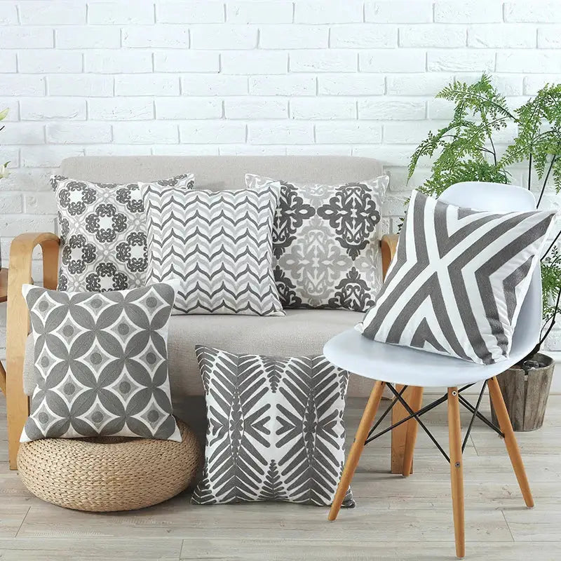 DecorBites™ Grey Pink Geometric Embroidered Cushion Cover, 45x45cm