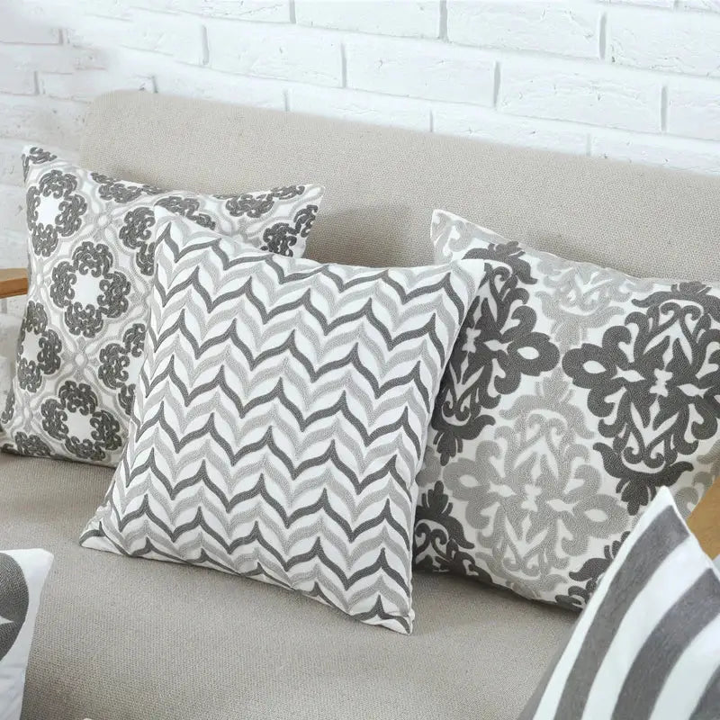DecorBites™ Grey Pink Geometric Embroidered Cushion Cover, 45x45cm
