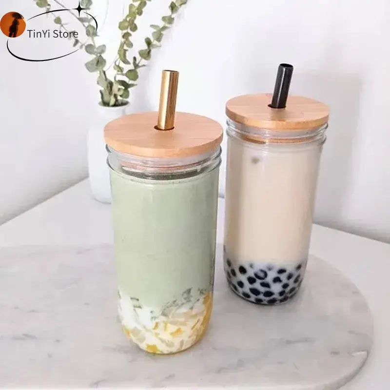 DecorBites™ Glass Boba Smoothie Cup with Bamboo Lid & Stainless Steel Straw