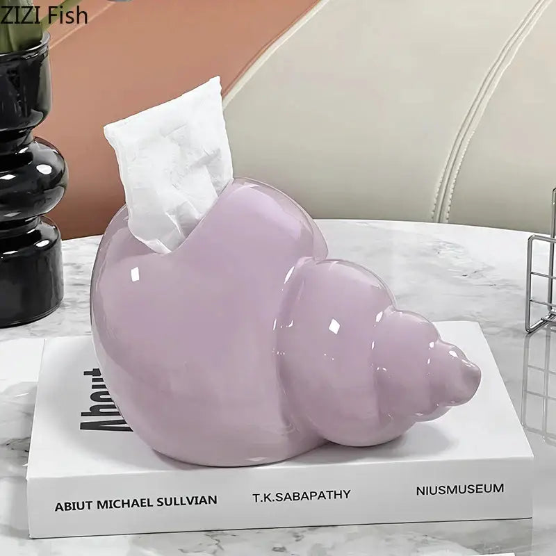 Glossy black & matte lavender conch ceramic tissue box living room