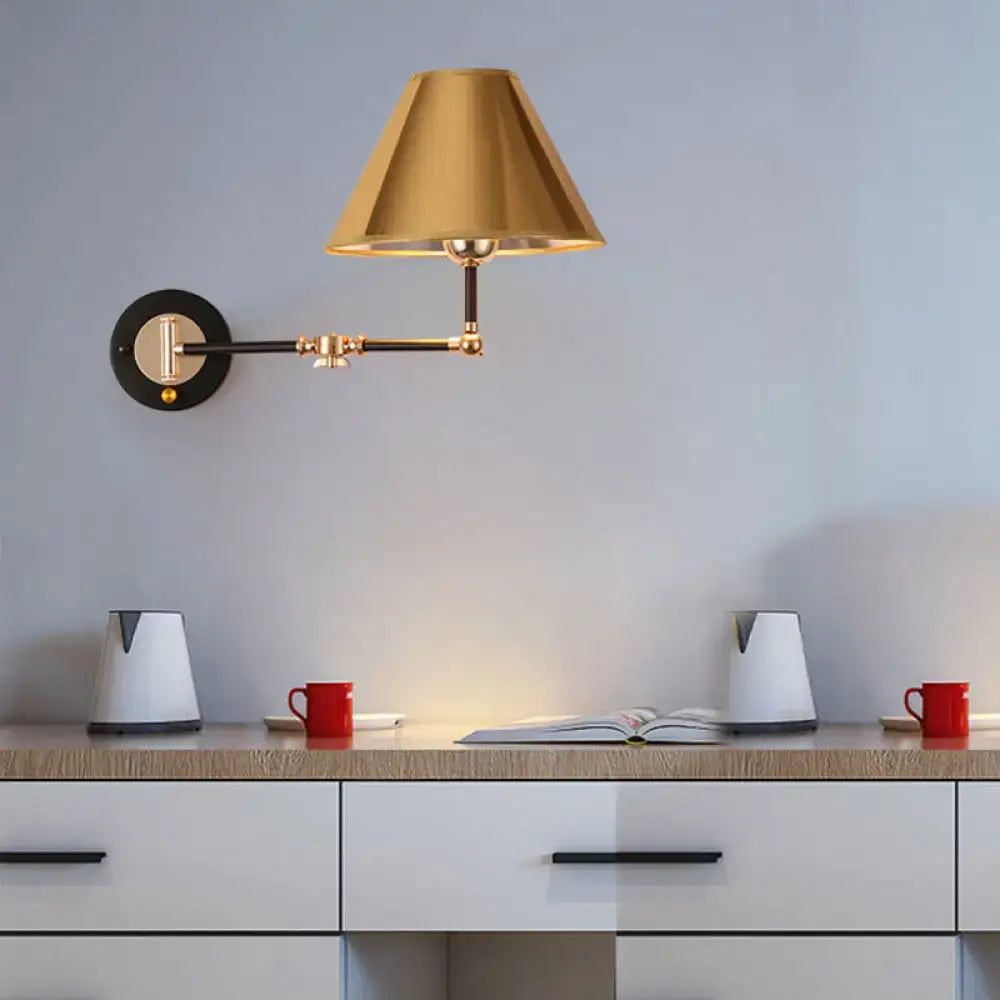 Gold and black metal cone wall light swing arm bedroom sconce