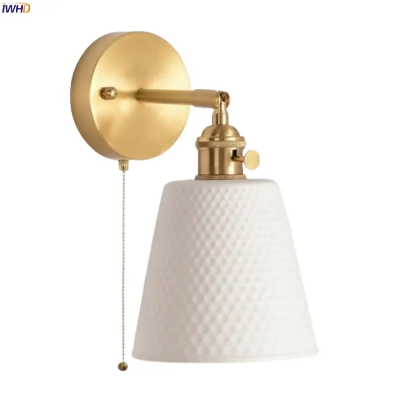 Gold and white ceramic led wall sconce with pull chain for bedroom