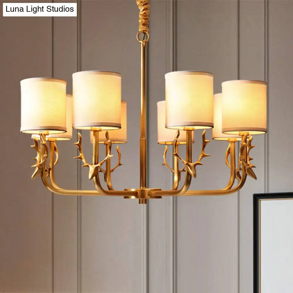 DecorBites™ Gold Nordic Cylindrical Chandelier with Antler Deco - Fabric Suspension Light for Living Room