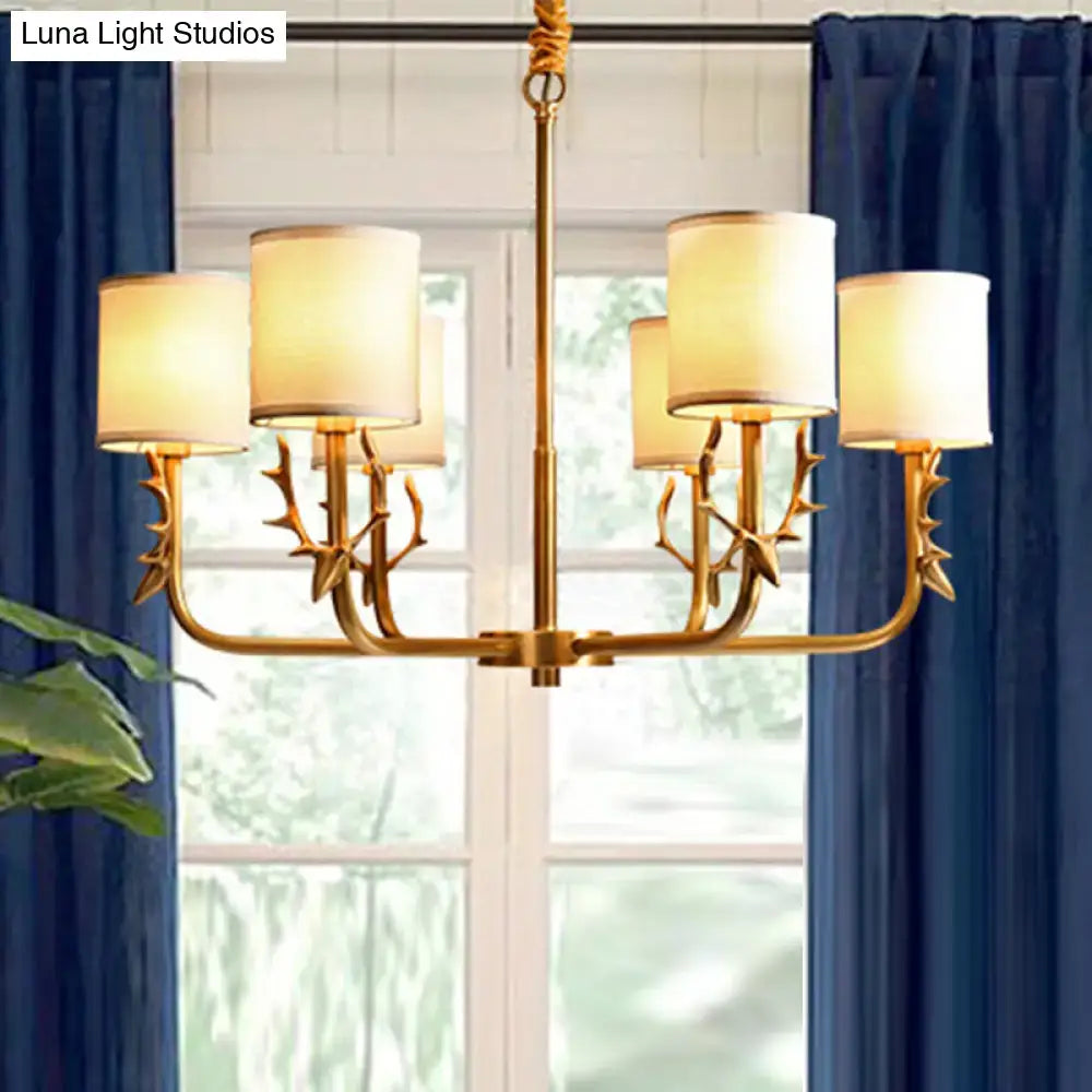 DecorBites™ Gold Nordic Cylindrical Chandelier with Antler Deco - Fabric Suspension Light for Living Room