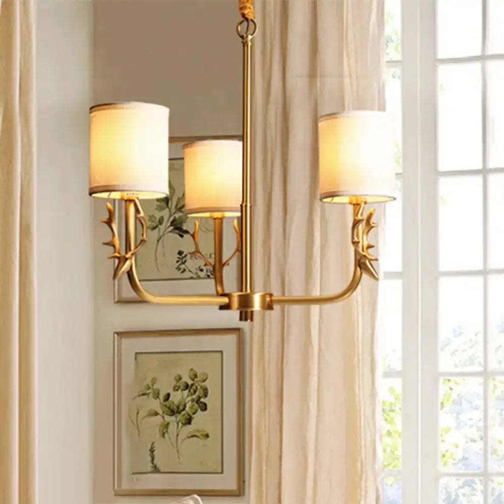 DecorBites™ Gold Nordic Cylindrical Chandelier with Antler Deco - Fabric Suspension Light for Living Room
