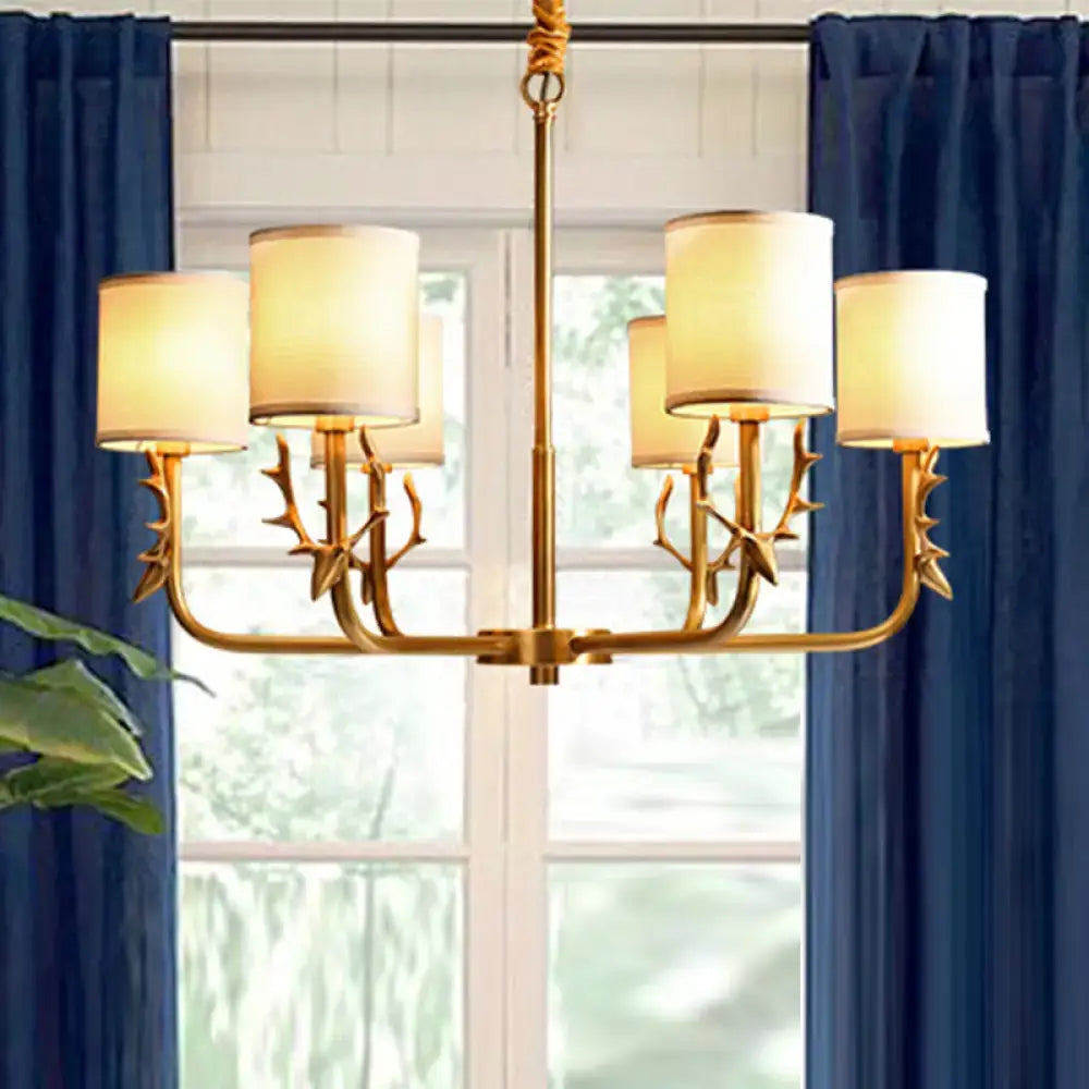 DecorBites™ Gold Nordic Cylindrical Chandelier with Antler Deco - Fabric Suspension Light for Living Room