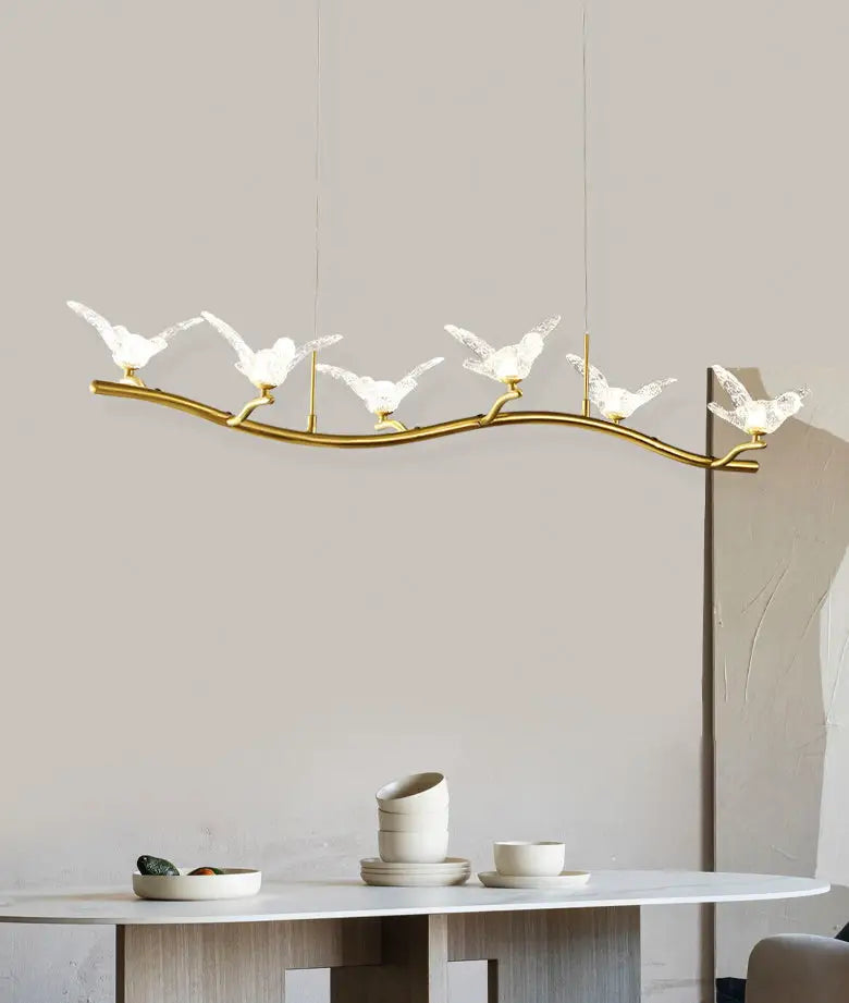 DecorBites™ Twig Pendant Lamp with Bird Decor – Gold Finish & LED Acrylic Island Light