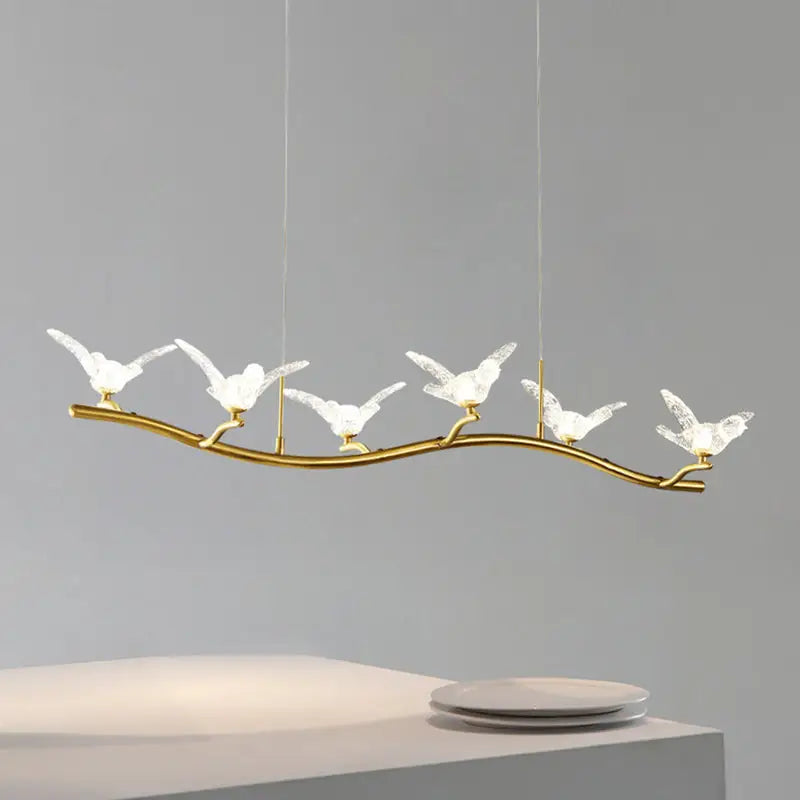 DecorBites™ Twig Pendant Lamp with Bird Decor – Gold Finish & LED Acrylic Island Light