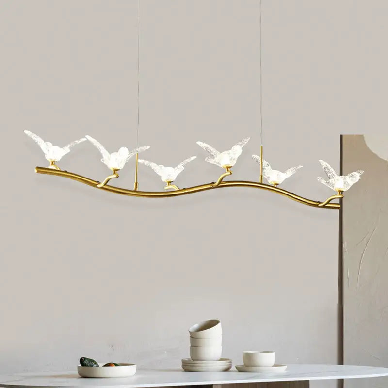 DecorBites™ Twig Pendant Lamp with Bird Decor – Gold Finish & LED Acrylic Island Light