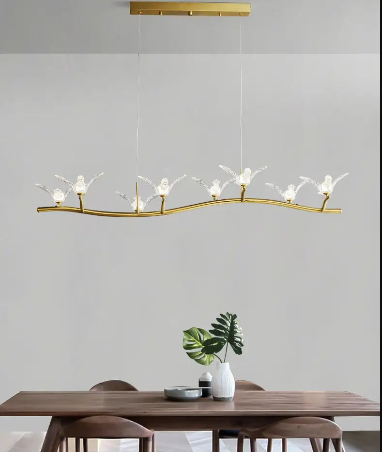 DecorBites™ Twig Pendant Lamp with Bird Decor – Gold Finish & LED Acrylic Island Light