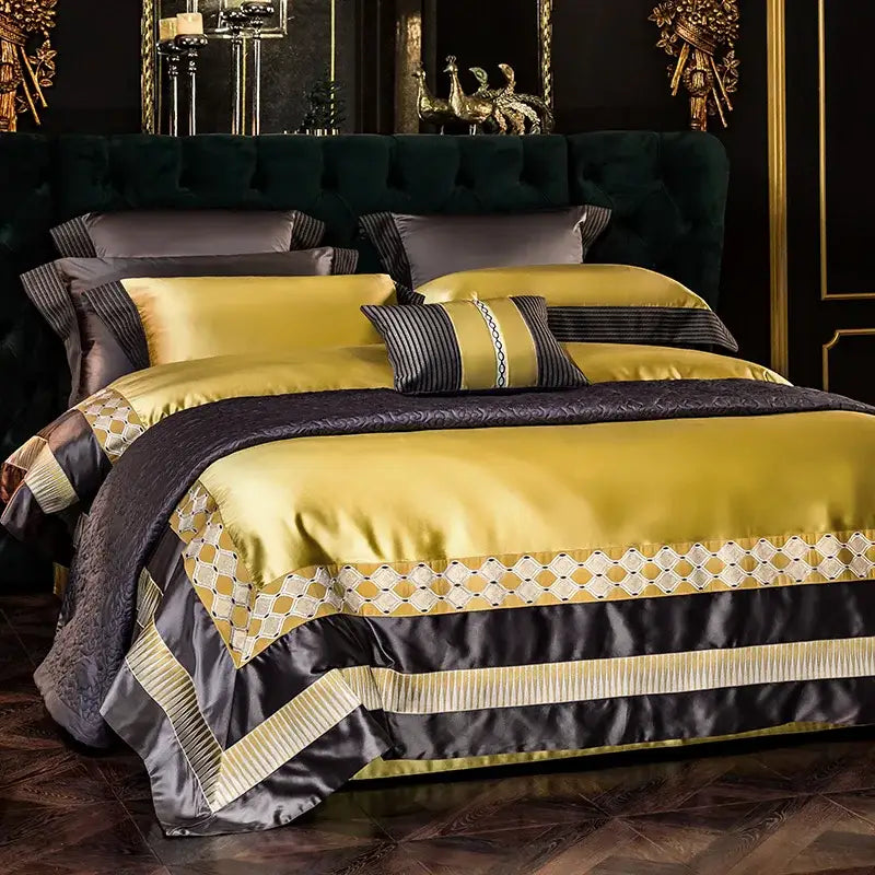 Gold & black 200s embroidery egyptian cotton bedding set bedroom