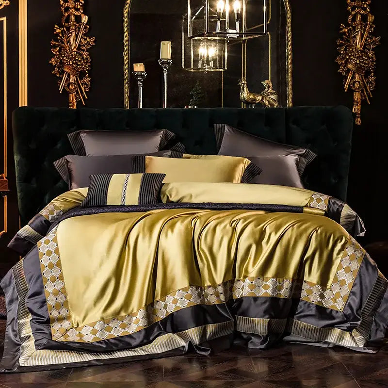 Gold & black 200s embroidery egyptian cotton bedding set bedroom
