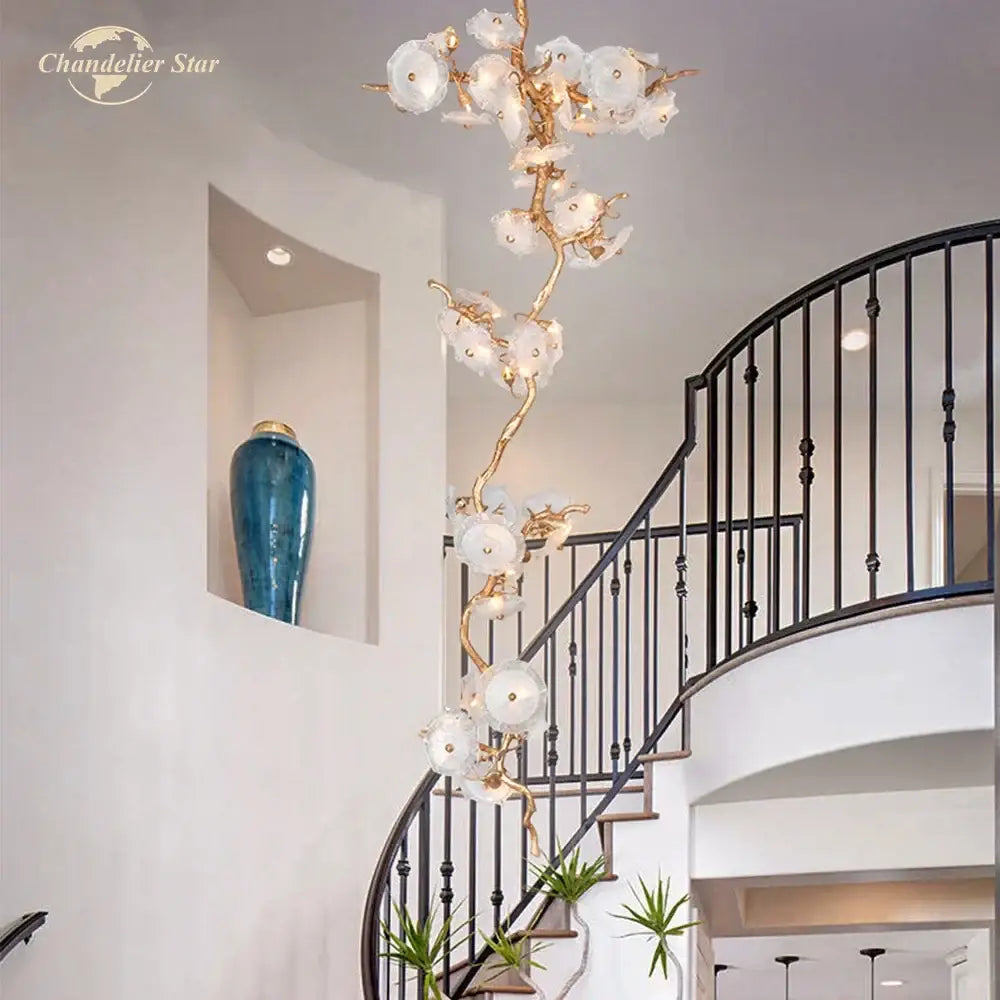 Gold branch glass chandelier led dining room flower light