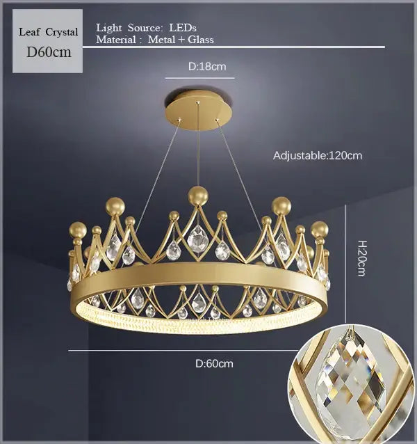 Gold crown crystal chandelier pendant light for bedroom