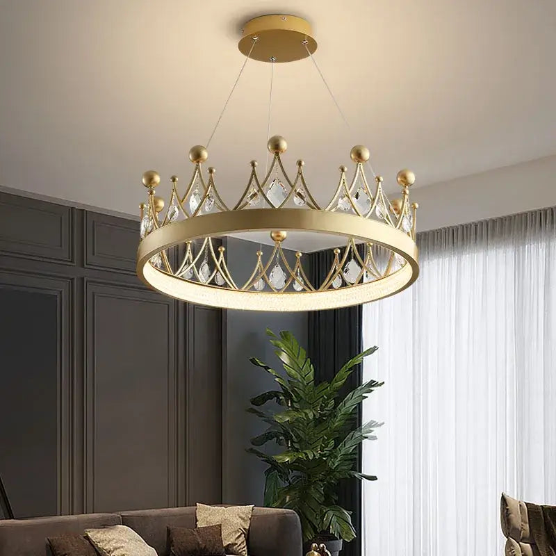 Gold crown crystal chandelier pendant light for bedroom