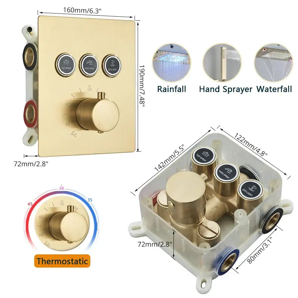 Gold led rainfall waterfall head and bathtub mixer tap bathroom system