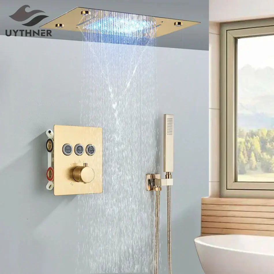 Gold led rainfall waterfall head and bathtub mixer tap bathroom system