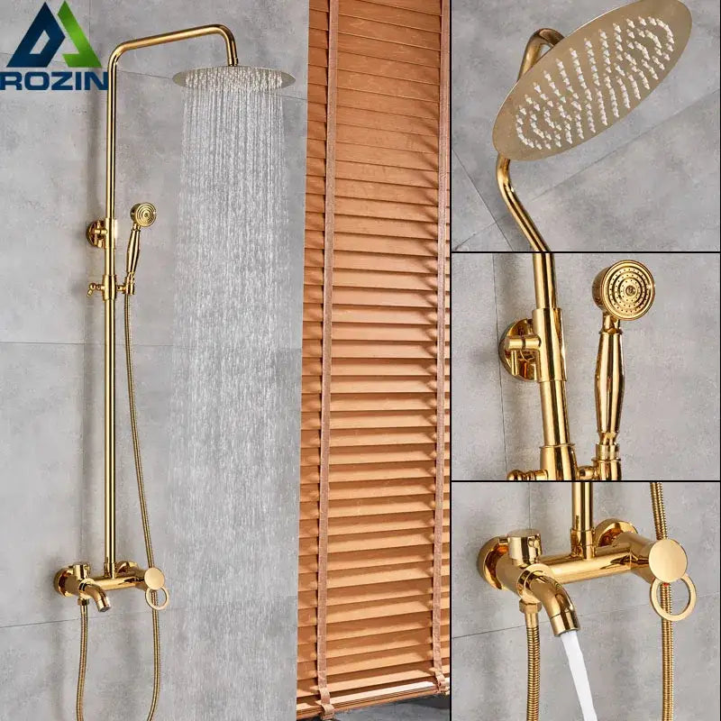 Gold rainfall and waterfall shower faucet set bathroom system