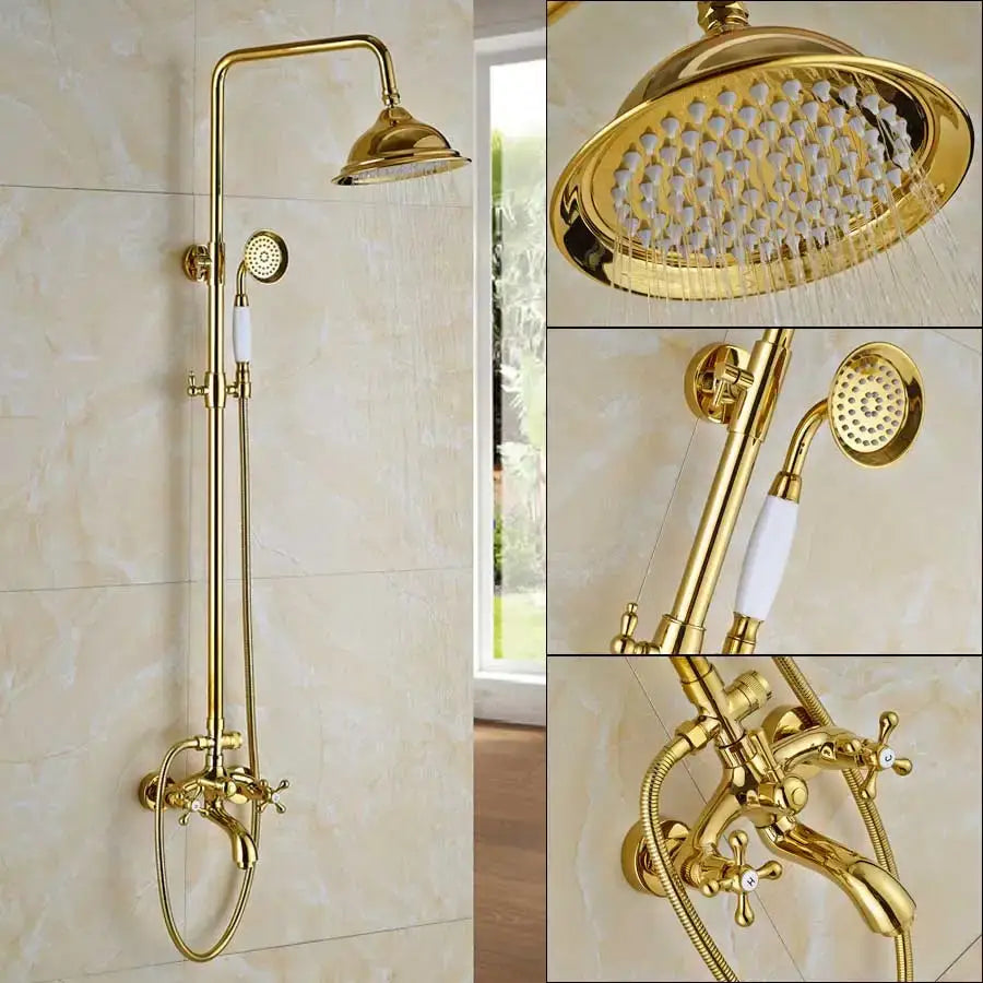 Gold rainfall and waterfall shower faucet set bathroom system