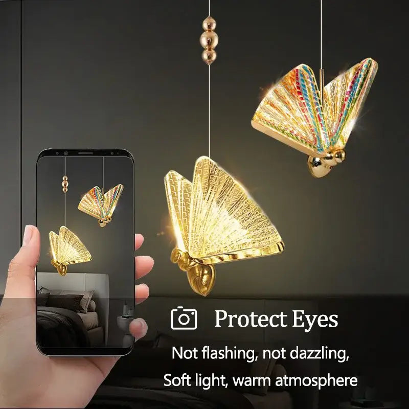 Golden iridescent butterfly pendant light for living room