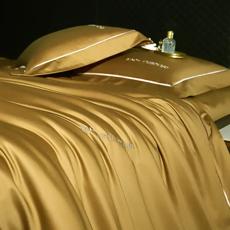 Golden satin egyptian cotton bedding set bedroom embroidery detail