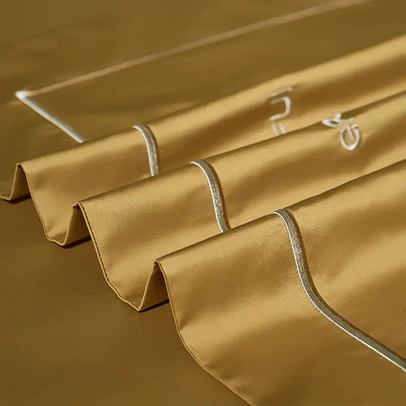 Golden satin egyptian cotton bedding set bedroom embroidery detail