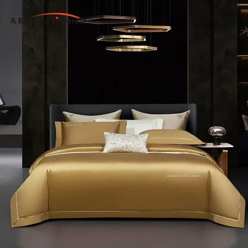 Golden satin egyptian cotton bedding set bedroom embroidery detail