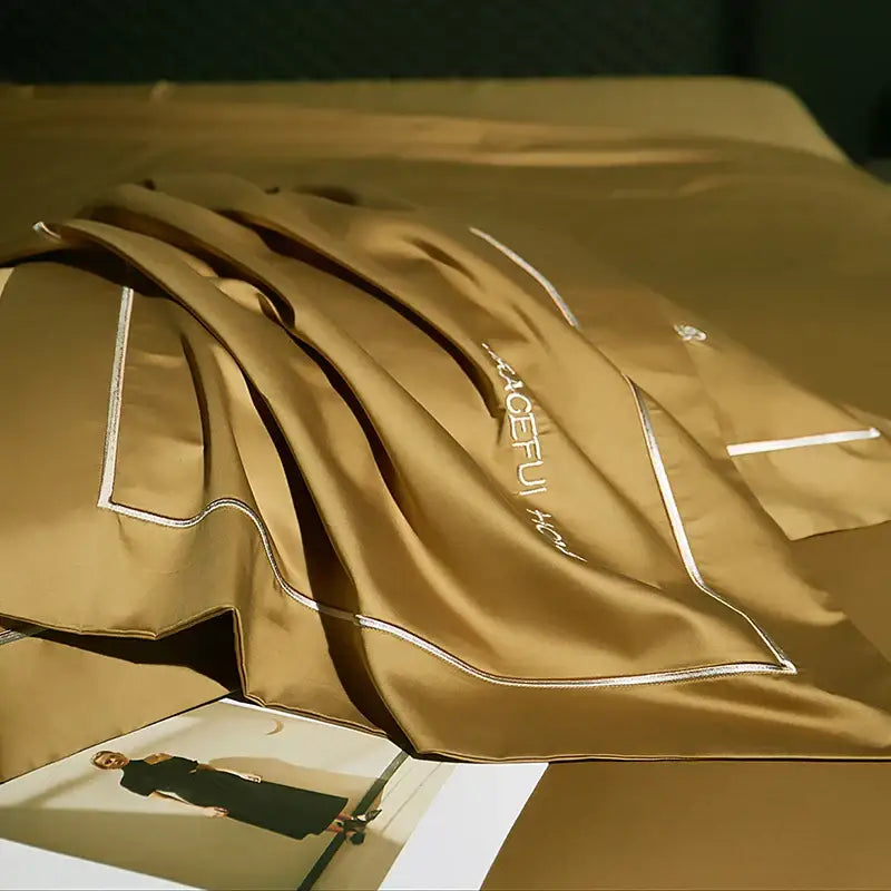 Golden satin egyptian cotton bedding set bedroom embroidery detail