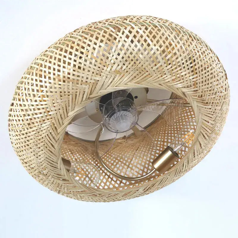 Golden woven bamboo ceiling fan with light bedroom retractable blades