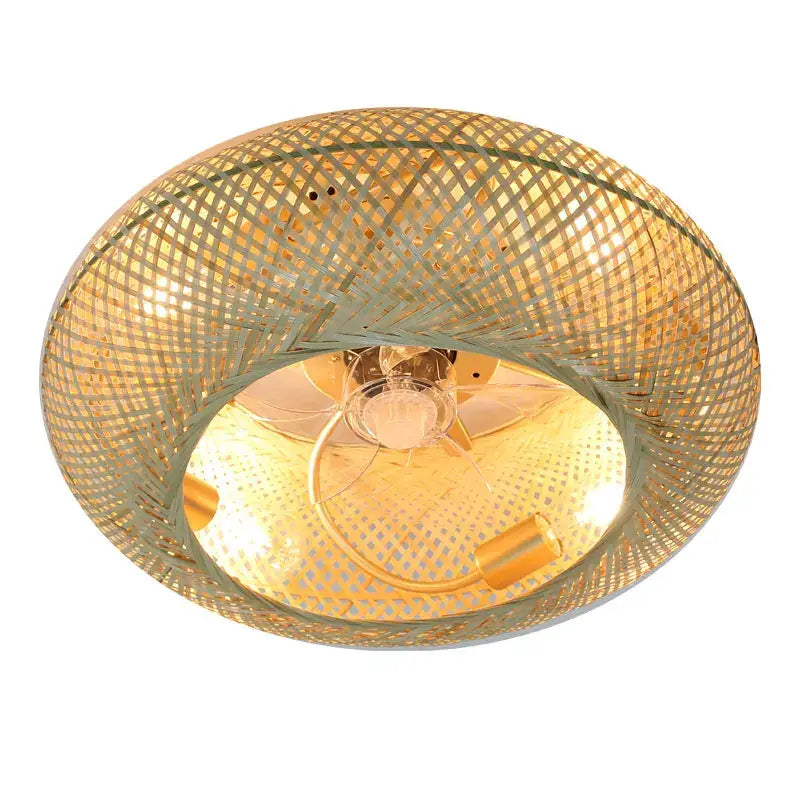 Golden woven bamboo ceiling fan with light bedroom retractable blades