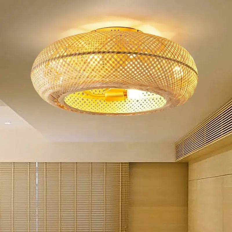 Golden woven bamboo ceiling fan with light bedroom retractable blades