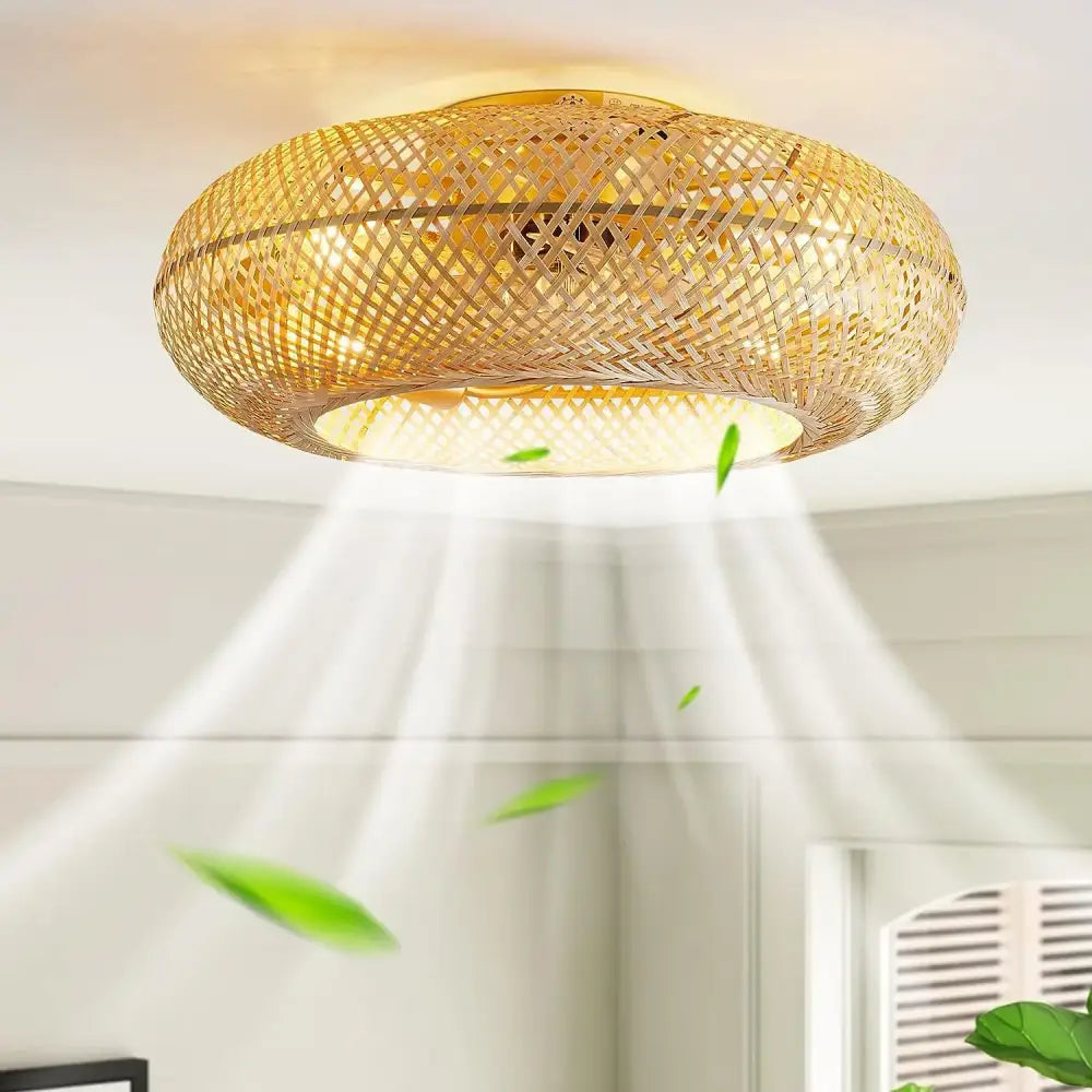 Golden woven bamboo ceiling fan with light bedroom retractable blades