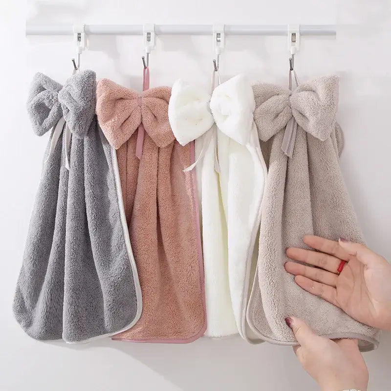 DecorBites™ Bowknot Coral Velvet Microfiber Hand Towels: Soft, Quick Dry, Absorbent Cleaning Cloth