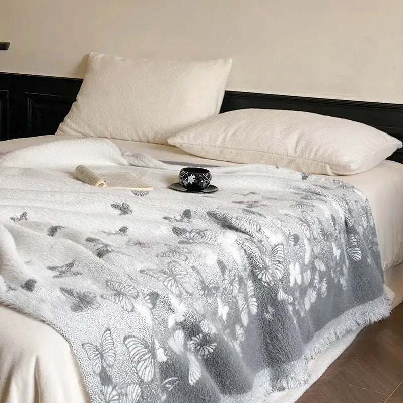 Gray butterfly jacquard imitation mink fur blanket bedroom throw