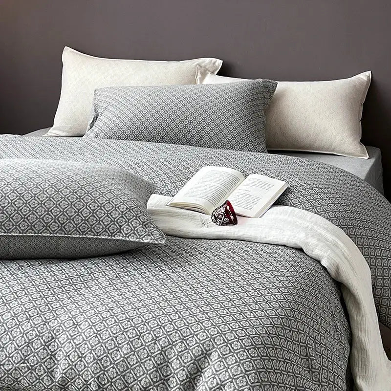 Gray geometric linen cotton jacquard bedding set bedroom decor