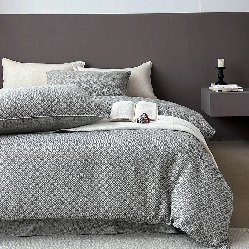 Gray geometric linen cotton jacquard bedding set bedroom decor
