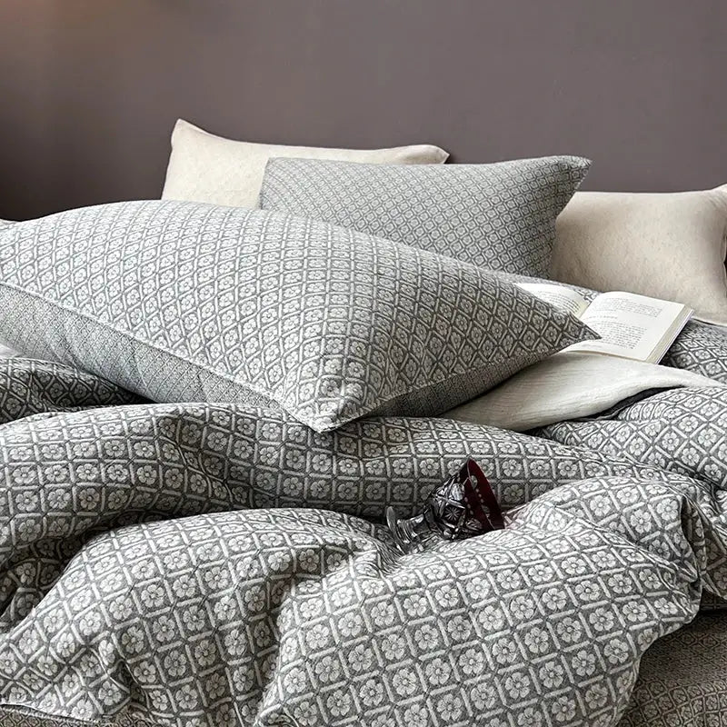 Gray geometric linen cotton jacquard bedding set bedroom decor
