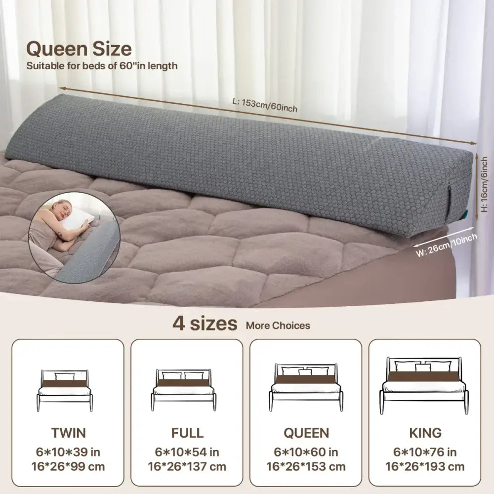 DecorBites™ Bed Wedge Pillow Memory Foam Mattress Gap Filler with 2 Large Side Pockets