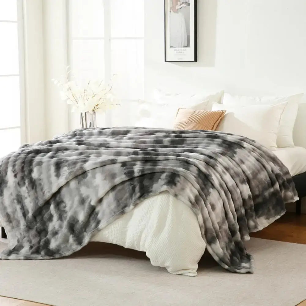 Gray & white tie-dye fuzzy faux fur blanket bedroom throw