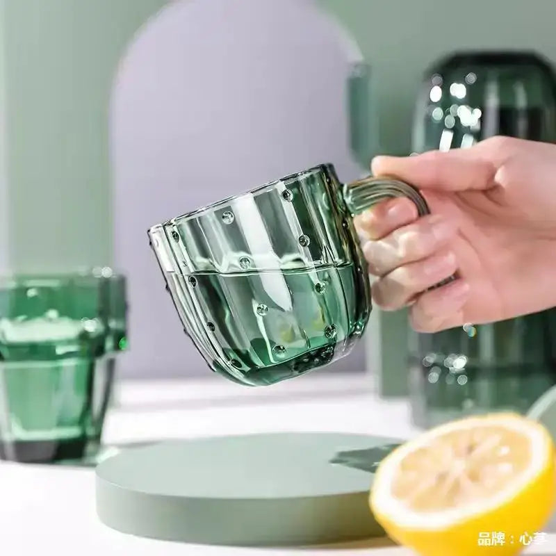 Green cactus glass mug kitchen drinking cup with textured ridges