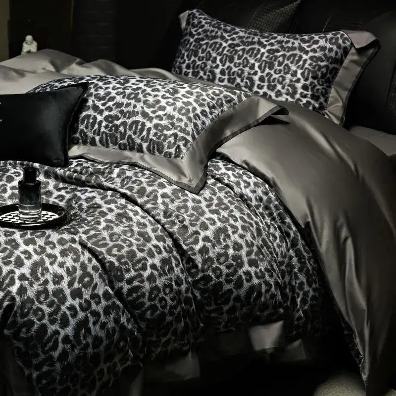 Grey leopard 1000tc egyptian cotton bedding set bedroom duvet cover