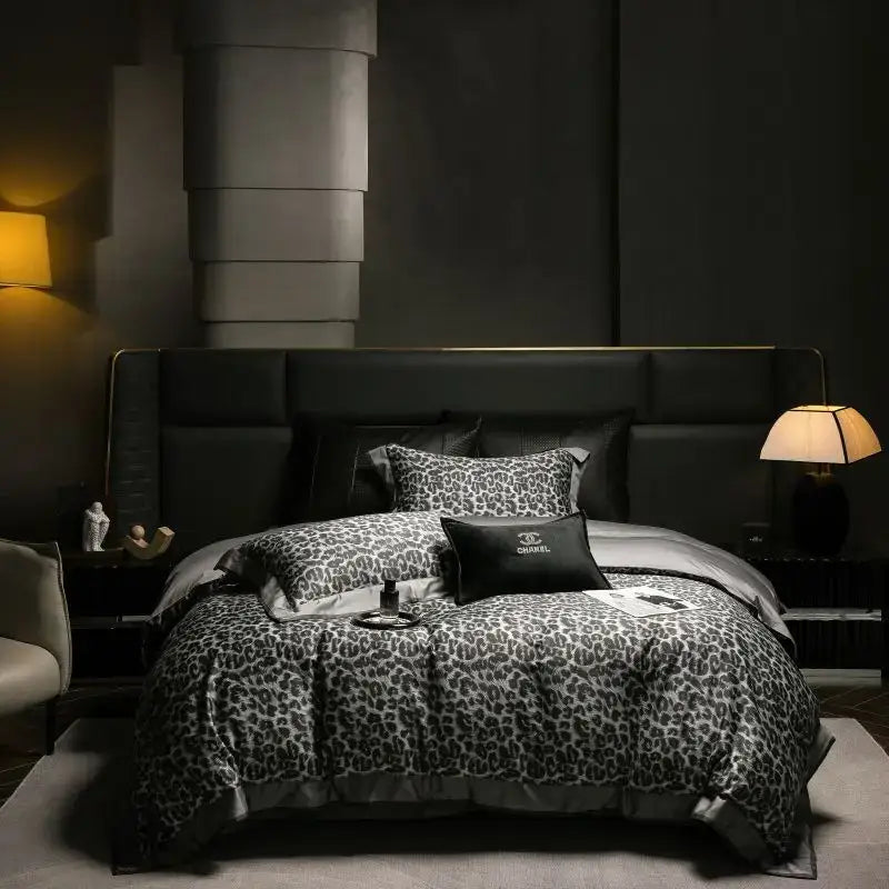 Grey leopard 1000tc egyptian cotton bedding set bedroom duvet cover