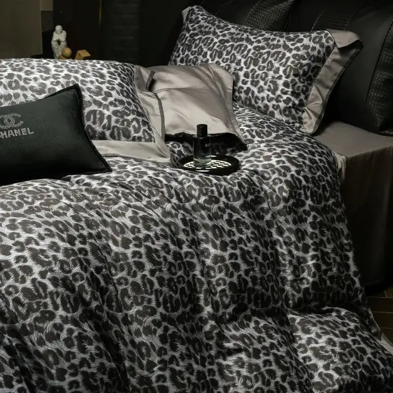 Grey leopard 1000tc egyptian cotton bedding set bedroom duvet cover
