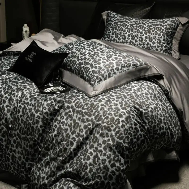 Grey leopard 1000tc egyptian cotton bedding set bedroom duvet cover