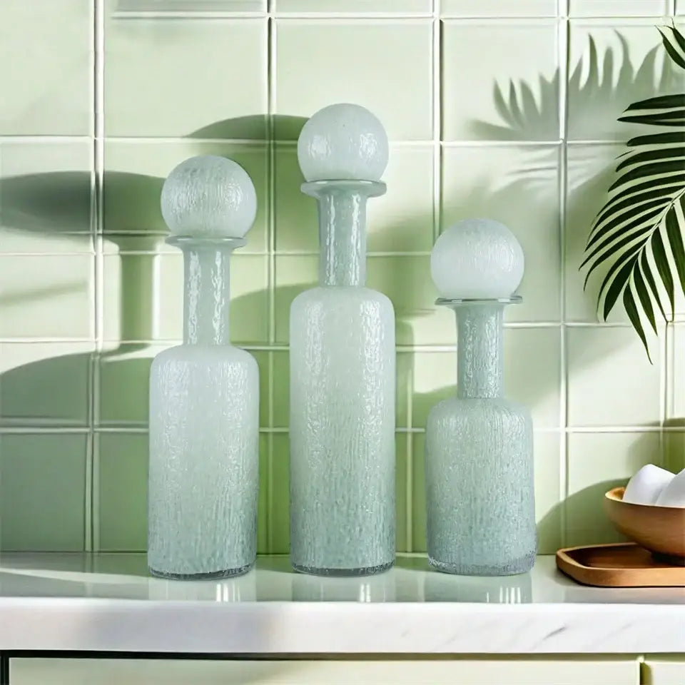 Grey round glass vase set with hammer lid stoppers living room