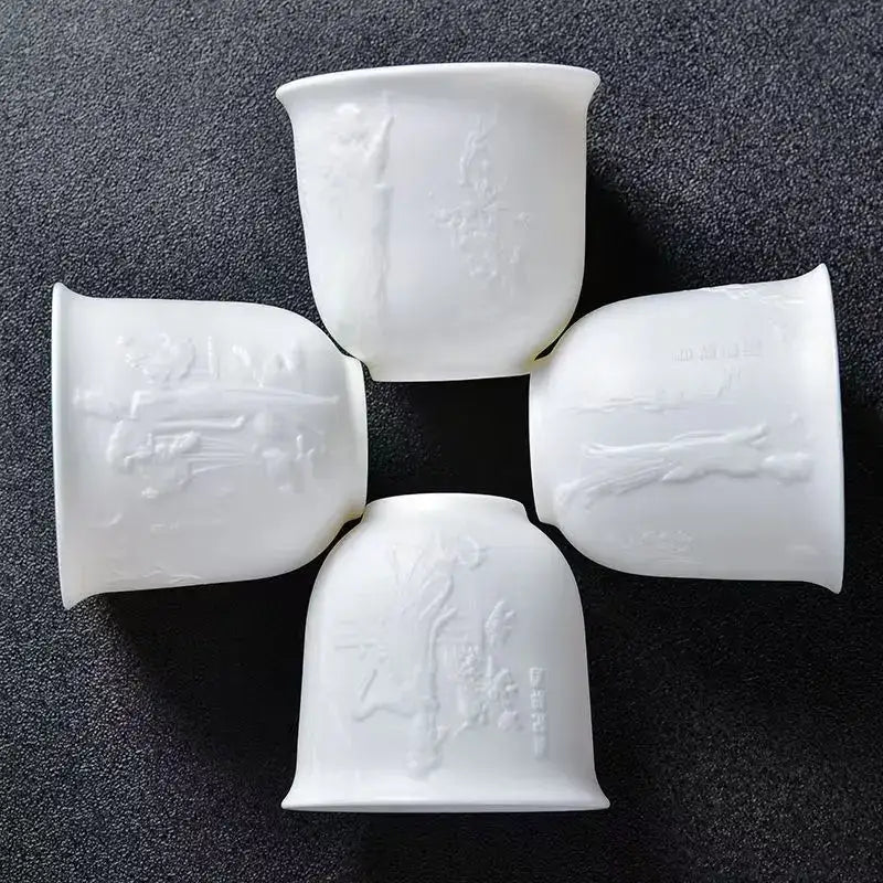 Hand carved translucent white jade tea cup set dining room ceramic